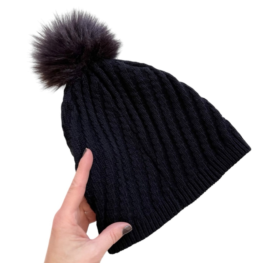 ANN TAYLOR Navy Blue Faux Fur Pom Pom Knit Hat Beanie Dark Blue OS